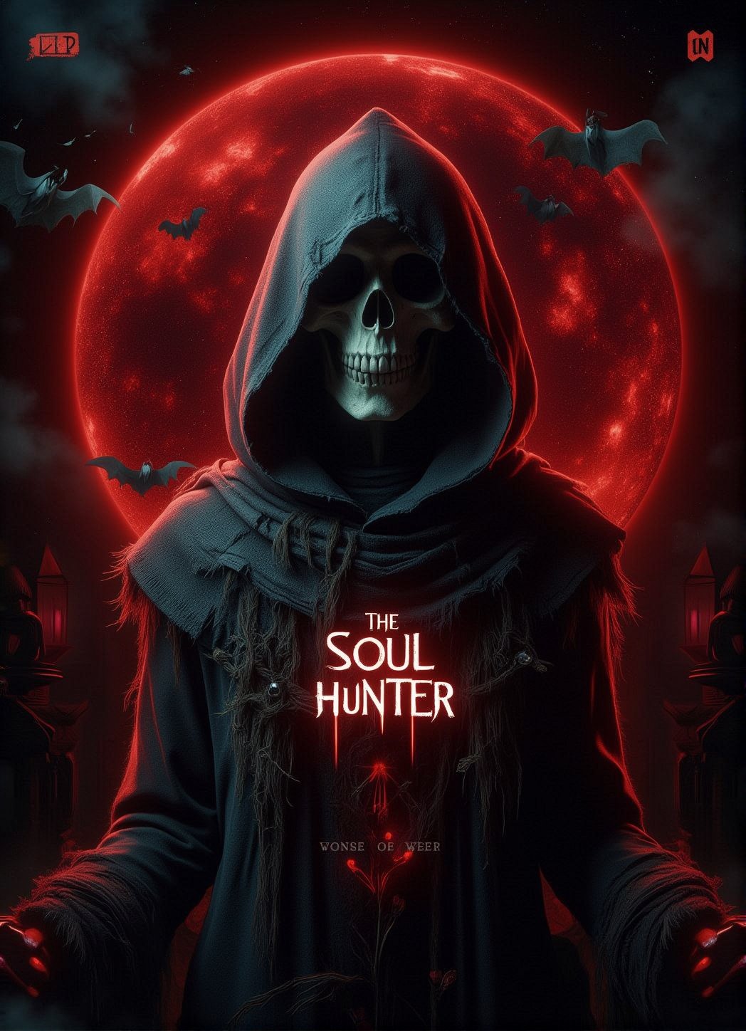 Score_9, score_8_up, score_7_up, write spooky title text "THE SOUL HUNTER". featuring hooded grim reaper, halloween theme. GrmreaperABM,DarkHalloween