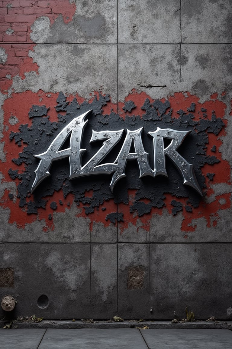 Azwar Black Mask emblazoned in bold, gritty graffiti script across the center of a worn, urban wall. Faded brick red and weathered gray hues dominate the background, with a subtle nod to industrial decay. The logo's chunky letters, rendered in metallic silver paint, appear to be chiseled into the concrete, giving off a rebellious, DIY vibe.