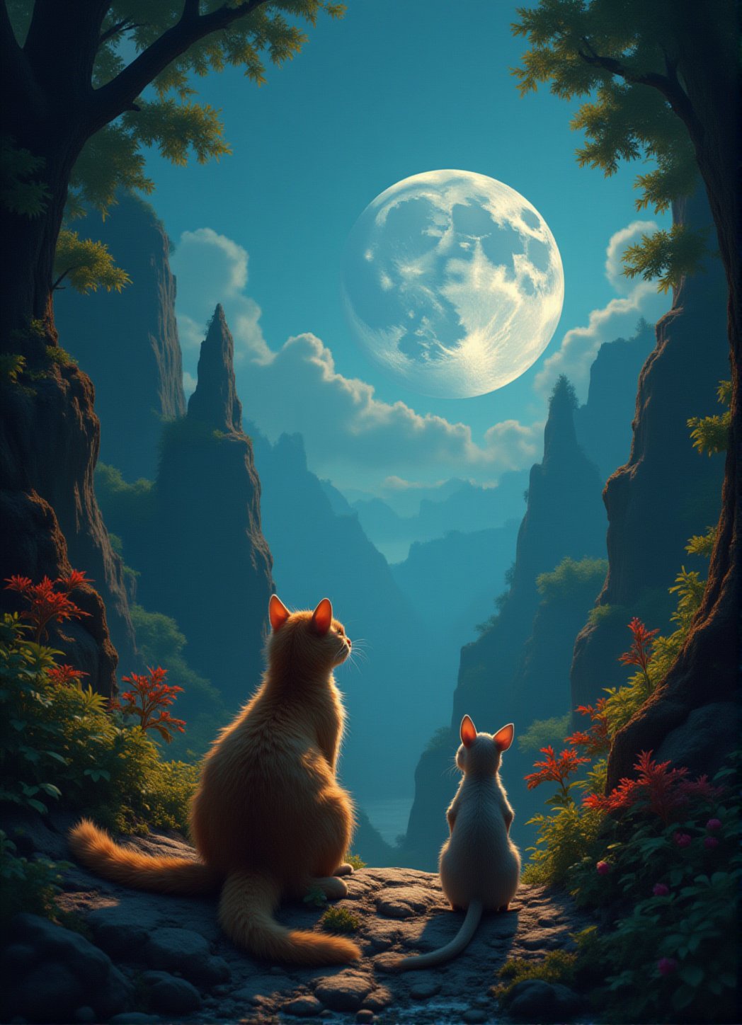 Close-up shot of a curious cat and a timid white mouse sitting side by side on a lush, green cliff overlooking a breathtaking landscape. The duo gazes upwards in unison, mesmerized by the grandeur of the full moon hanging low in the night sky. Framed by towering trees and vibrant foliage, the dynamic pose captures their shared wonder. Camera angle: 30-degree tilt from above, emphasizing the intimate moment between predator and prey under the silvery glow. 10xRFBoost,cartoonish 3D painting,Fantasy detailers 