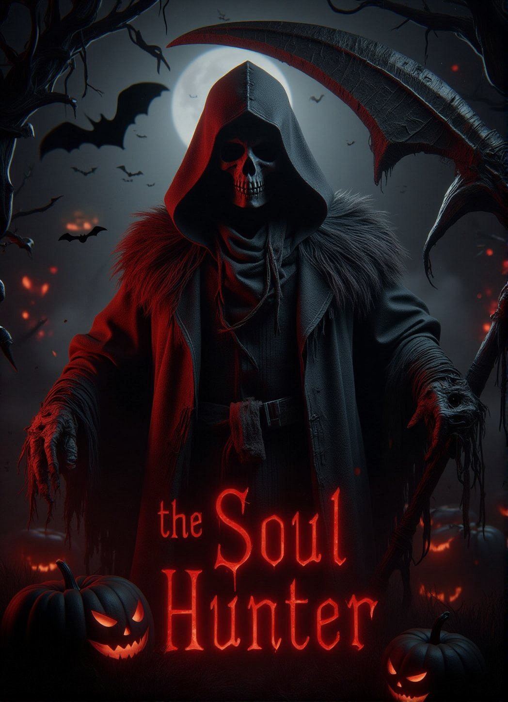 Score_9, score_8_up, score_7_up, write spooky title text "THE SOUL HUNTER". featuring hooded grim reaper, halloween theme. GrmreaperABM,DarkHalloween