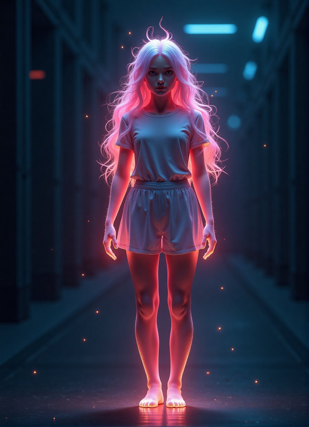 1girl minimalist hologram, long hair glowing, line glowing surrounds the body on a simple background,minimalist hologram, 