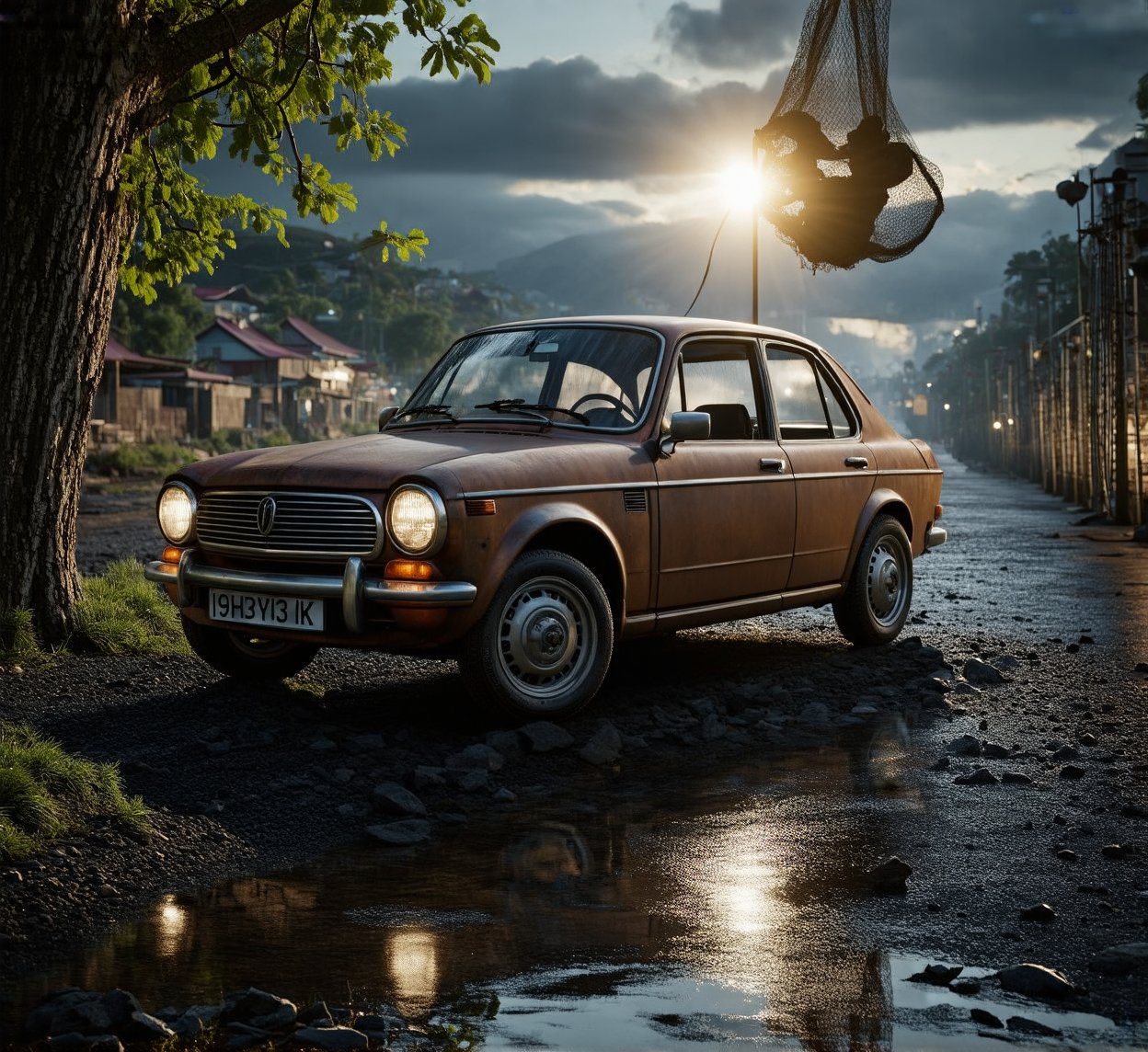 A super ultra clear HD HDR hyper-realistic and hyper-detailed photography extreme close-up view, low angle shot of a detailed rusty and tattered retro car parked beside a tree, with an Asian fisherman village in the background, including fishing nets. hyperrealism, realistic portrait, photography, vignette, film grain, cinematography style, photography, with subtle reflections, overcast lighting,  volumatric details, volumatric texture, volumatric realistic, volumetric hd hdr realistic resolution, volumetric realistic shadow, depth of field, remove blur & noise.  hyperrealistic,
