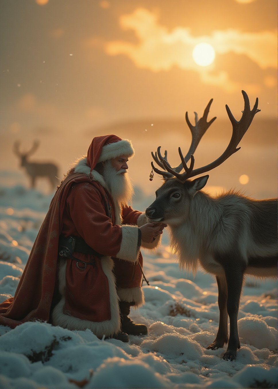 Santa Claus kneeling beside a (red nose reindeer) in a frozen tundra,  a serene and majestic wildlife scene,  cinematic li...