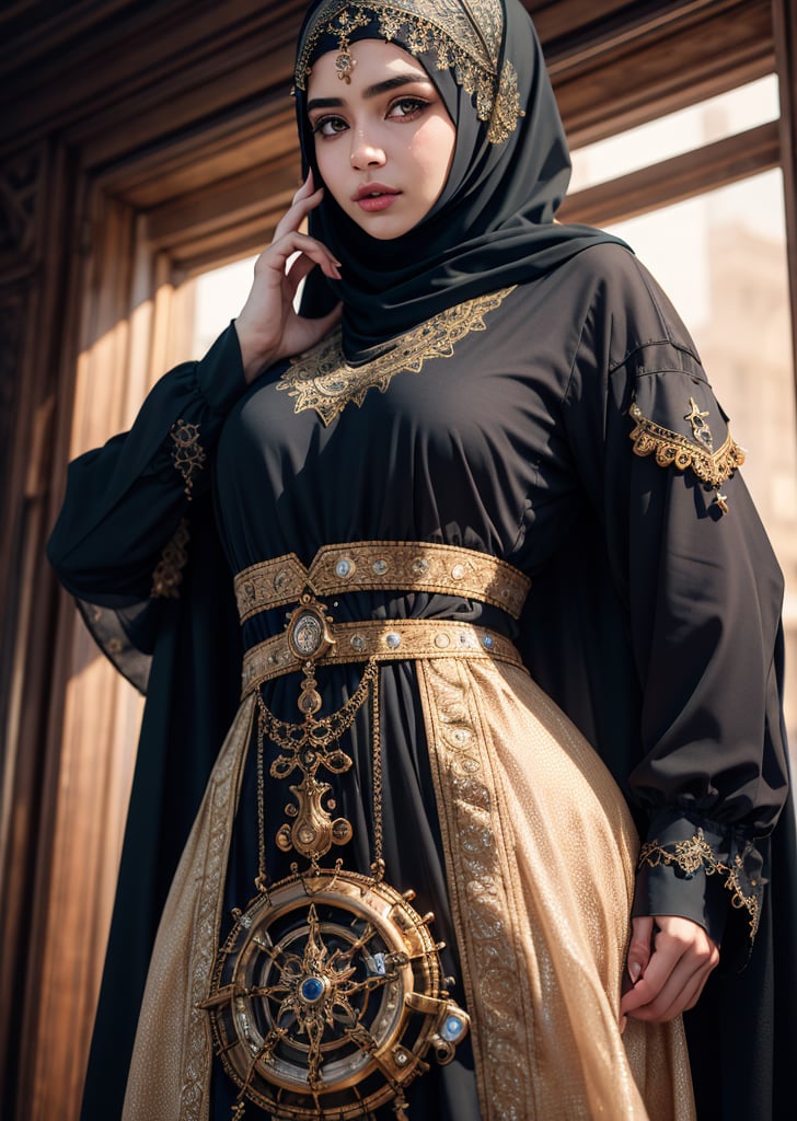 muslim girl wearing burka and steampunk accessory, 1girl solo, (masterpiece), (8k quality), (ultra-detailed), best shadow, (photorealistic:1.4), ((high res)), shade, backlighting, depth of field, finely detailed, physically-based rendering, original, perfect lighting, smooth, hdr, 8k resolution,
(studio photography), cinematic lighting, gorgeous shot, portrait shot,
amazing reflection, great details,
(simple background), long hijab, long dress, long sleeve, loose dress, cover neck and upper chest, perfectfingers, 