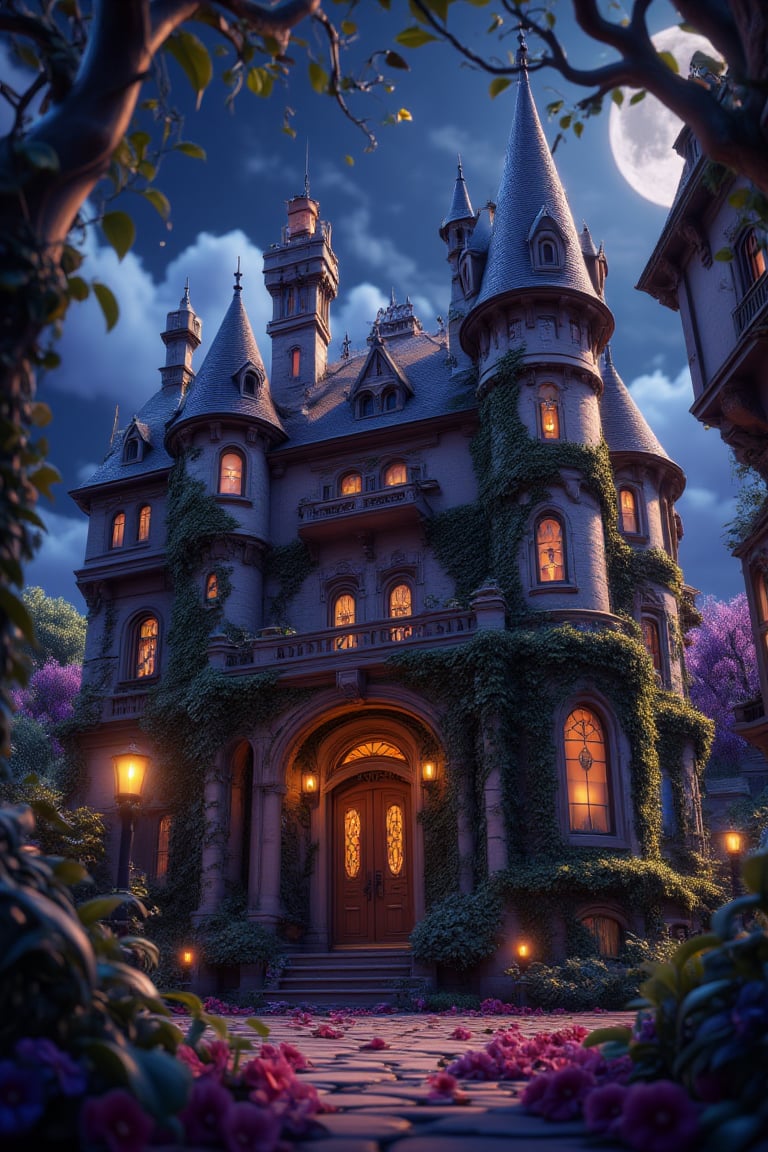 3d vibrant cartoon art Illustrate a haunted Victorian mansion on a misty night, with overgrown ivy covering the walls, flickering candles in the windows, and eerie shadows cast on the ground.