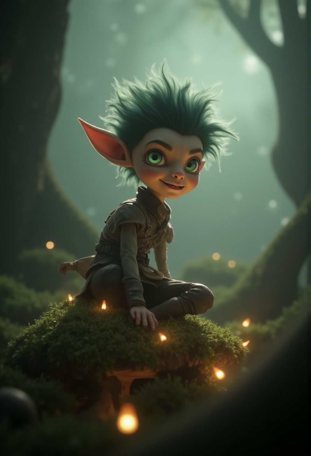 A whimsical CGI 3D animation visual: a delicate elf (species) perches on a moss-covered mushroom, surrounded by twinkling fairy lights. The camera zooms in on the elf's intricate features, showcasing a mischievous grin and piercing green eyes. Soft, warm lighting casts a gentle glow, highlighting the elf's ethereal aura as it gazes out at the misty forest landscape.