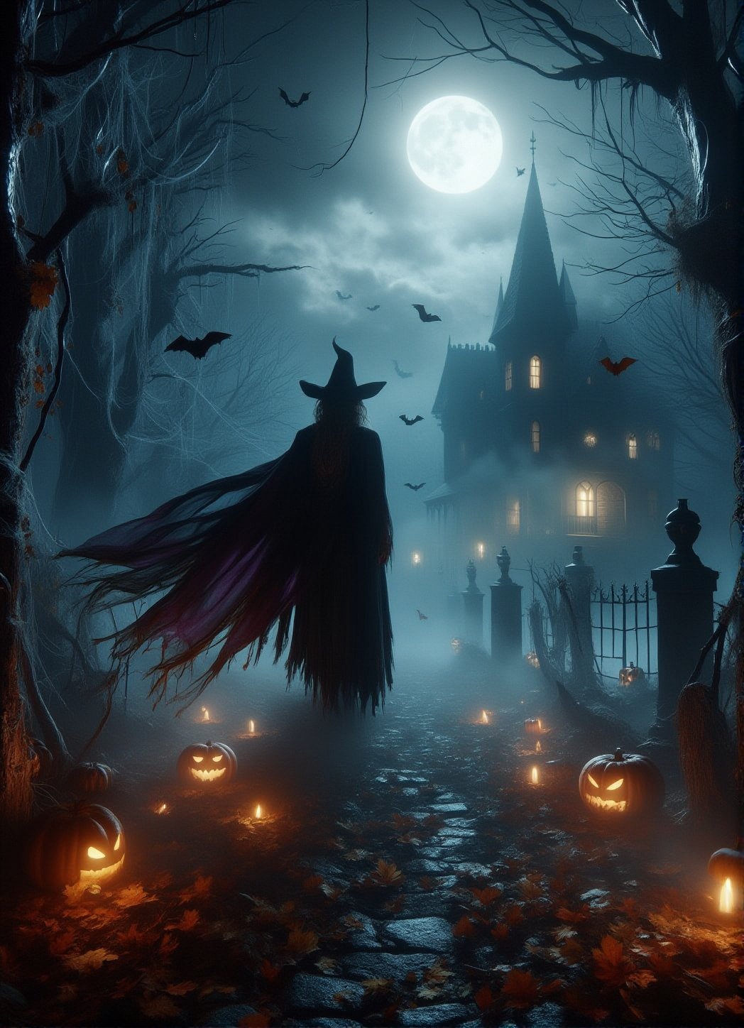 A hauntingly beautiful scene unfolds as a gothic witch stands tall in front of a haunted house aglow with flickering jack-o'-lanterns under a full moonlit sky. The atmospheric fog shrouds graveyards where skeletons rise from the ground, surrounded by twisted trees with glowing ghostly figures drifting afar. Cobwebs eerily drape from branches as spiders crawl along walls and bats flutter above. The witch's flowing black and purple cloak is meticulously detailed, with every stitch and fold evident in the crisp, high-quality image. Autumn leaves scatter the ground amidst swirling fog at her feet, setting a dark, spooky Halloween atmosphere.,DarkHalloween