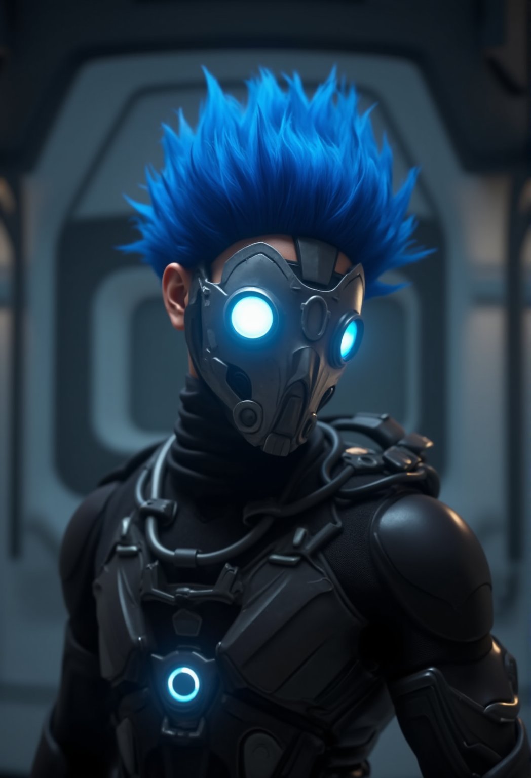 Prompt: Image is a digital artwork featuring a futuristic character in a sci-fi setting. The character has bright blue spiky hair and is wearing a metallic mask with glowing blue eyes, giving a robotic appearance. The suit is dark and armored, with intricate details and a high-tech design. The background shows a high-tech environment with metallic walls and futuristic machinery, emphasizing the sci-fi theme. The overall color scheme is dominated by shades of blue, gray, and metallic tones, creating a cohesive and immersive futuristic atmosphere. ,CGI 3D Animation
