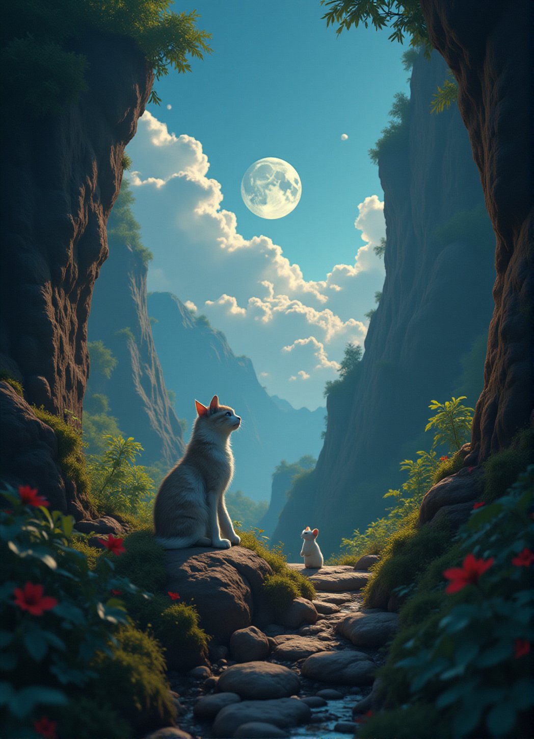 Close-up shot of a curious cat and a timid white mouse sitting side by side on a lush, green cliff overlooking a breathtaking landscape. The duo gazes upwards in unison, mesmerized by the grandeur of the full moon hanging low in the night sky. Framed by towering trees and vibrant foliage, the dynamic pose captures their shared wonder. Camera angle: 30-degree tilt from above, emphasizing the intimate moment between predator and prey under the silvery glow. 10xRFBoost,cartoonish 3D painting,Fantasy detailers 