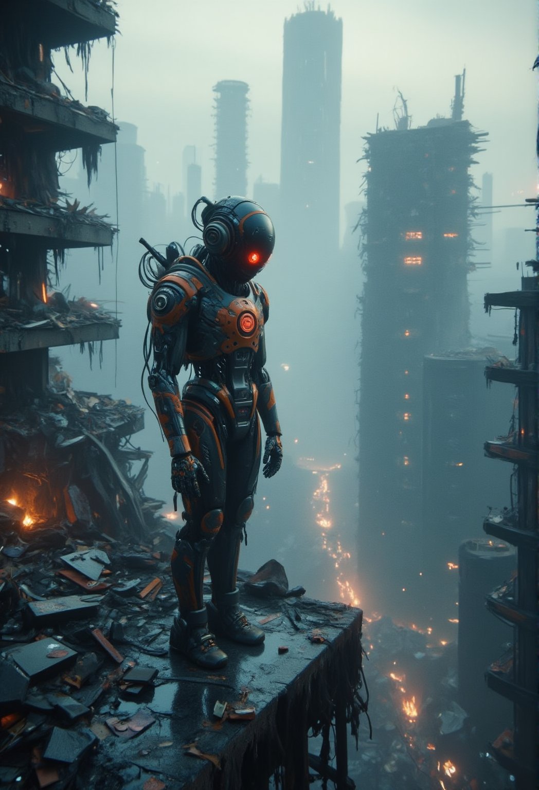 A cybernetic robot stands at the edge of a collapsed skyscraper, looking out over a devastated metropolis, the skyline broken and twisted. The lighting is soft, with long shadows stretching across the scene. The robot’s red eyes pulse faintly as it scans for any movement or heat signature that could signal human presence.,ElectDreDysto,Midjourney_Whisper,Fantasy detailers 