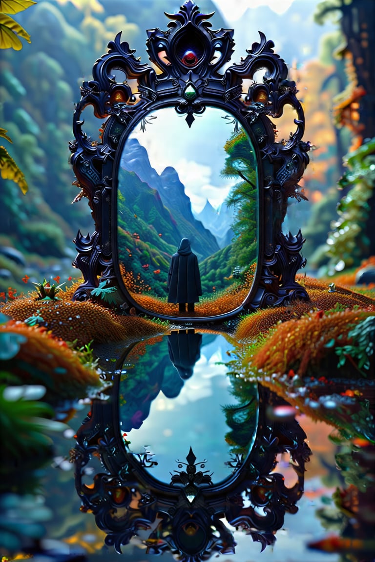 A dark, ornate mirror used for scrying, showing a vivid, otherworldly landscape within its reflection, with a mysterious figure peering in. EpicFantasy,H-Q hyperrealistic, 