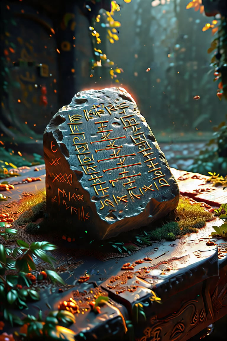 An ancient runestone cast on a weathered table, glowing with an ethereal light, surrounded by mystical symbols and runic inscriptions. EpicFantasy,H-Q hyperrealistic, 