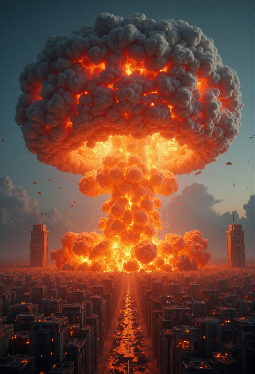 A massive mushroom cloud rises in the distance, the result of a nuclear detonation. The shockwave spreads through a nearby city, shattering buildings and incinerating everything in its path. The ultra-realistic scene is frozen in the moment of impact, with detailed debris and burning rubble flying through the air. FluxBoost,CGI 3D Animation,Fantasy detailers,