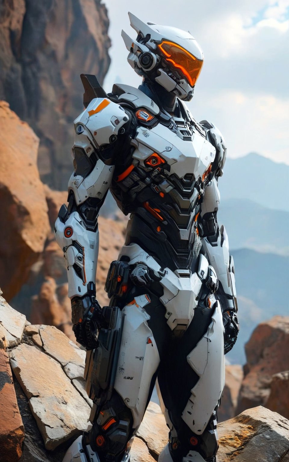 wide full_body view, The white with dark orange accents Sci Fi cyberpunk techwear high tech genesis vanguard armour suit, Sci Fi cyberpunk high tech techware (helmet like genji overwatch), high tech short horn, standing pose on mountain cliff background, rule of third, studio lighting, ultra detailed, ultra realistic, dramatic, sharp focus, remarkable color, GVA Armour Suit,cyberpunk style,More Reasonable Details