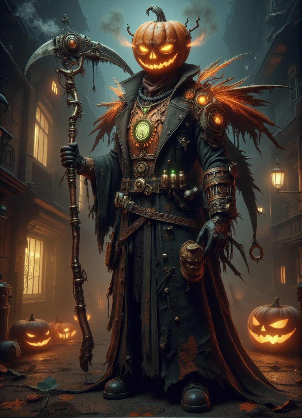 Score_9, score_8_up, score_7_up, This Halloween, a new dark entity emerges—a fusion of steampunk mechanics and eerie Halloween horror. The Steampunk Reaper with pumpkin head dons a long, tattered trench coat with metallic cogs and gears embedded throughout the fabric, clinking softly as they move. His pumpkin head, with glowing orange eyes, is adorned with brass rivets and intricate clockwork mechanisms that hiss steam. His scythe, crafted from copper pipes and gear-driven blades, emits a ghostly glow and pulses with mechanical energy. His chest is encased in a mechanical heart surrounded by glowing, green vials of toxic gas. On his back, a pair of steam-powered wings made from bronze and leather flutter ominously, leaving trails of smoke in the air. The Reaper prowls the streets, collecting lost souls with precision, blending Halloween horror with Victorian mechanical elegance. GrmreaperABM,DarkHalloween,FuturisticSteamPunk