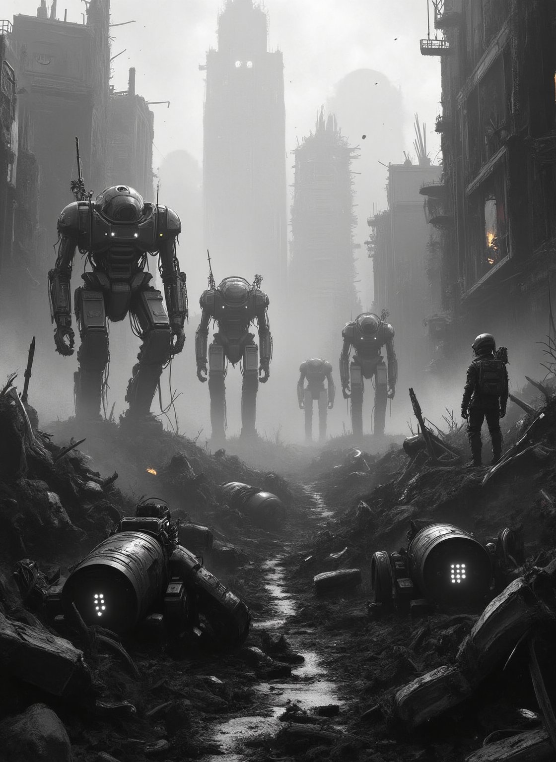 Monochrome battlefield scene: a destroyed cityscape amidst thick fog,  with collapsed buildings and raging fires. In the d...