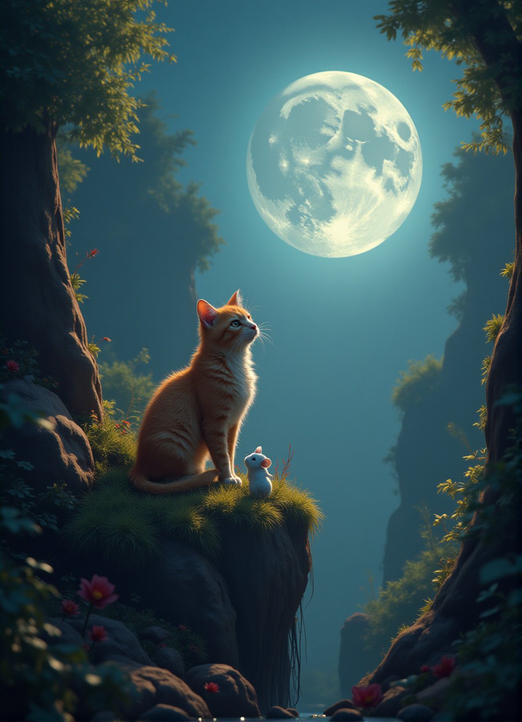 close up view of a cat and a white small mouse side by side sitting on grassy cliff while looking up watching a big fullmoon. left and right framing by trees and plants, dynamic_pose, dynamic Angle, 10xRFBoost,cartoonish 3D painting,Fantasy detailers 