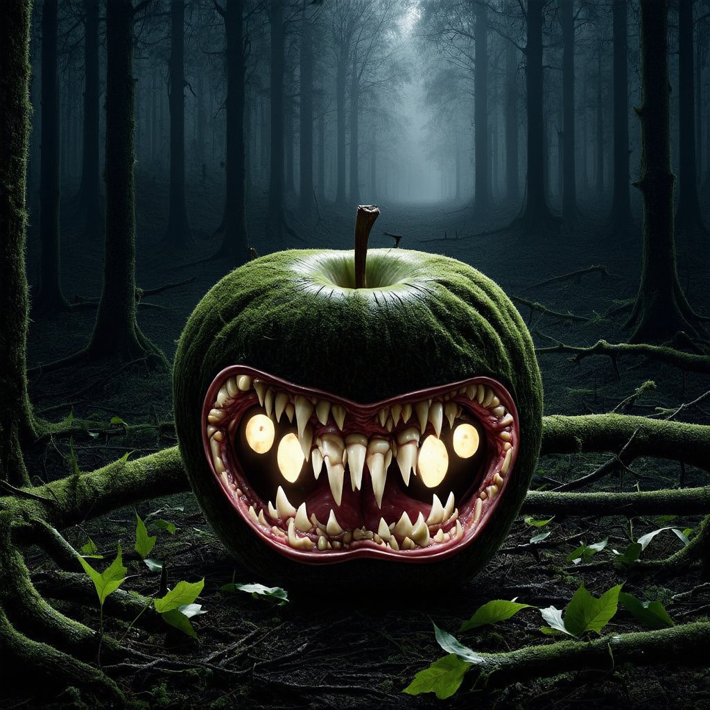 In a dark, foggy forest, a hyperrealistic photography captures an eerie and horror-filled scene: a twisted, apple-like monster creature sprawls across the forest floor, its core now home to claw-like branches that grasp at the air. (((Shiny eyes))) glimmer with an otherworldly intensity, while (((sharp teeth))) seem ready to strike. The fallen leaves and moss-covered ground create an atmosphere of foreboding, dark, eerie as the low-angle shot places the viewer in a position of vulnerability alongside this unsettling, anthropomorphic being.