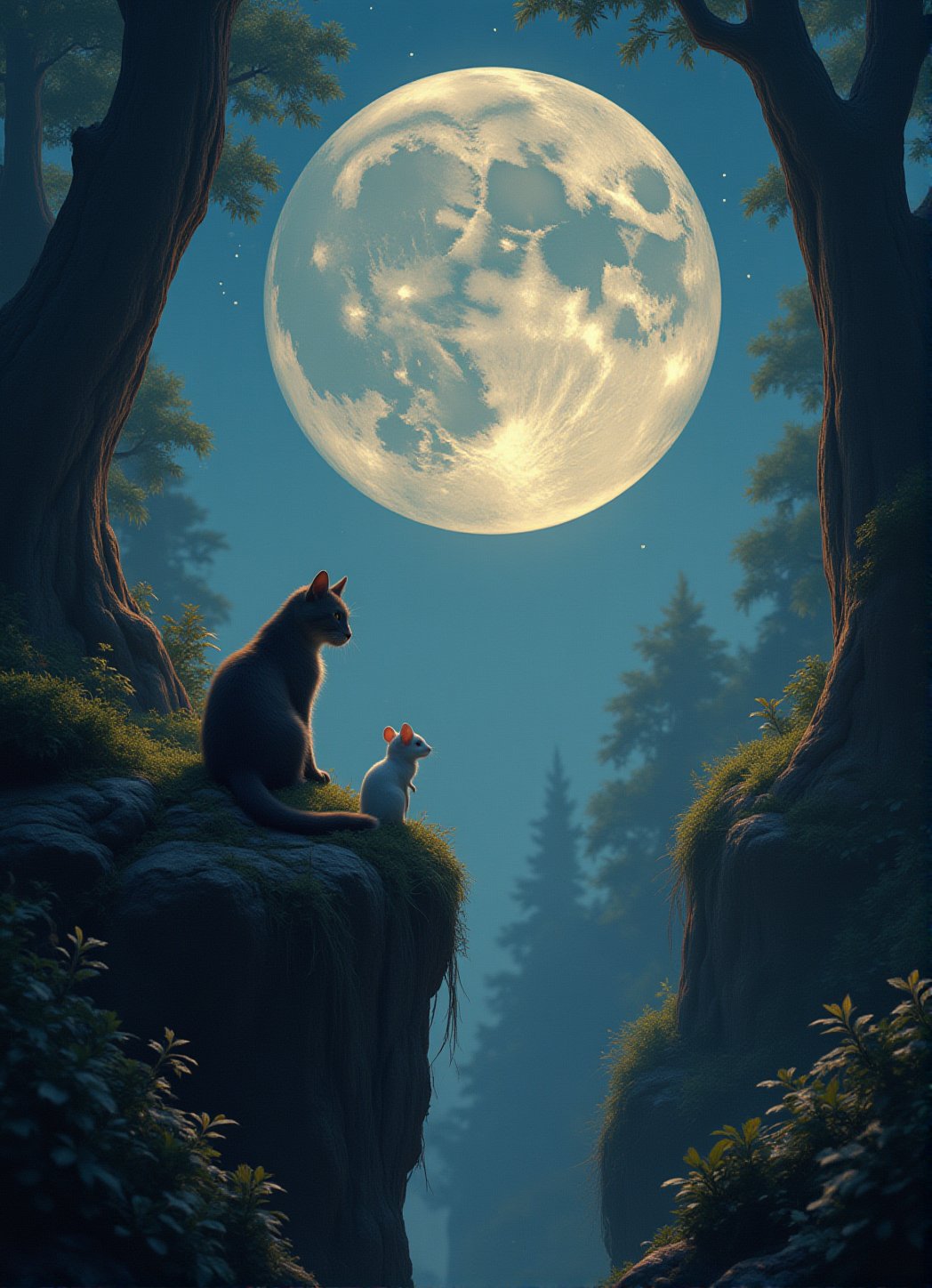 a cat and white small mouse side by side sitting on grassy cliff while looking up watching a big fullmoon. left and right framing by trees and plants,10xRFBoost,cartoonish 3D painting,Fantasy detailers 