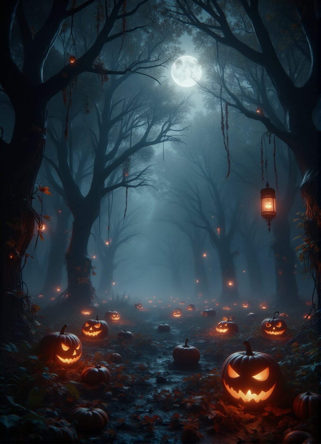 A dark, spooky forest filled with towering, twisted trees and a blanket of fog rolling across the forest floor. Dimly glowing lanterns float in the air, casting an eerie light through the mist. Shadows seem to move between the trees, and the sound of rustling leaves creates a sense of unease. Glowing Jack-o'-lanterns are scattered among the roots of the trees, their faces carved with sinister expressions. The environment feels magical yet ominous, perfect for Halloween night. Photorealistic, detailed forest scene. FluxBoost,DarkHalloween,Midjourney_Whisper