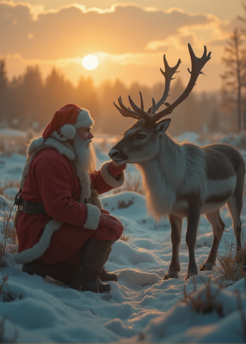 Santa Claus kneeling beside a red nose reindeer in a frozen tundra,  a serene and majestic wildlife scene,  cinematic ligh...