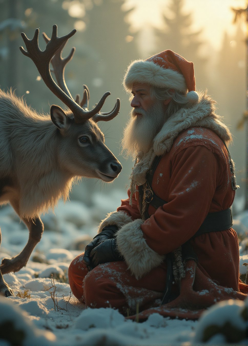 Santa Claus kneeling beside a reindeer in a frozen tundra,  a serene and majestic wildlife scene,  cinematic lighting with...