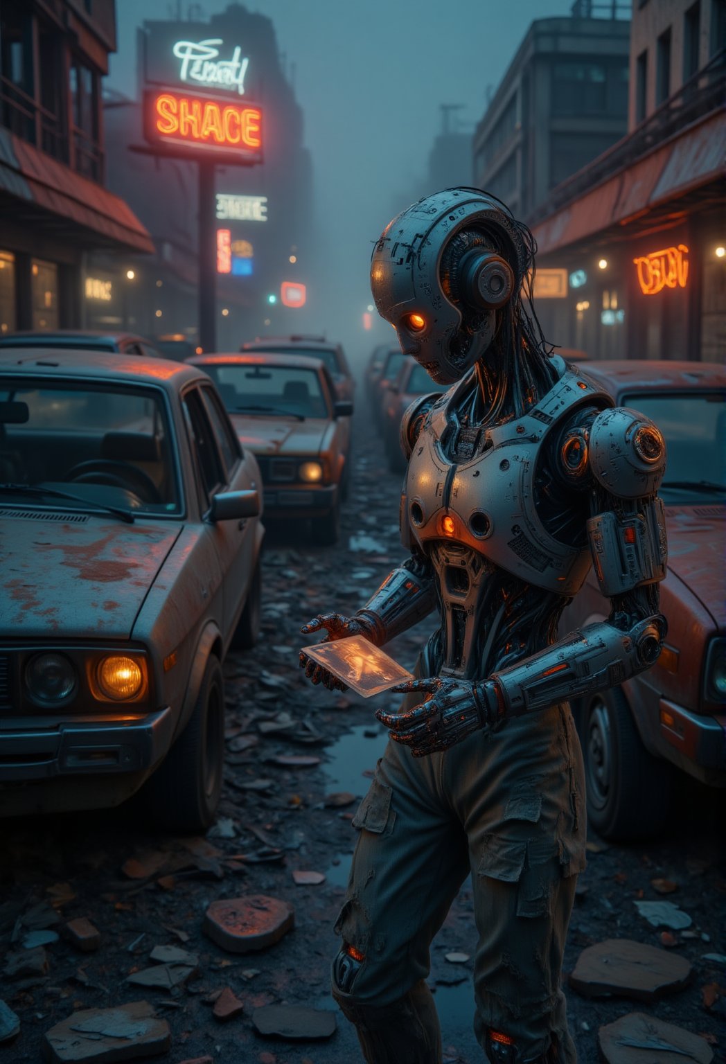 Robot Among Abandoned Cars: A cybernetic robot stands amid a parking lot filled with rusting, abandoned cars. Neon lights flicker in the distance, and the robot's posture conveys sadness as it touches a faded photo found in the wreckage. The cold metallic surroundings are softened by the deep emotional weight of the scene, captured in cinematic detail.,ElectDreDysto,Midjourney_Whisper