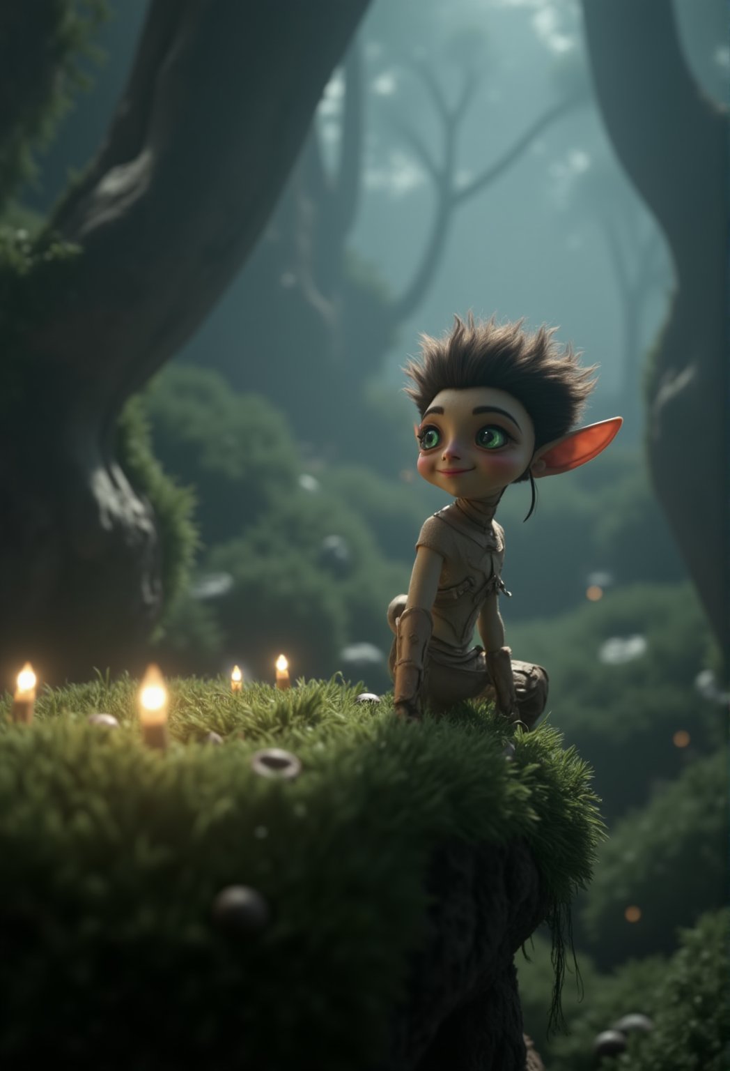 A whimsical CGI 3D animation visual: a delicate elf (species) perches on a moss-covered mushroom, surrounded by twinkling fairy lights. The camera zooms in on the elf's intricate features, showcasing a mischievous grin and piercing green eyes. Soft, warm lighting casts a gentle glow, highlighting the elf's ethereal aura as it gazes out at the misty forest landscape.