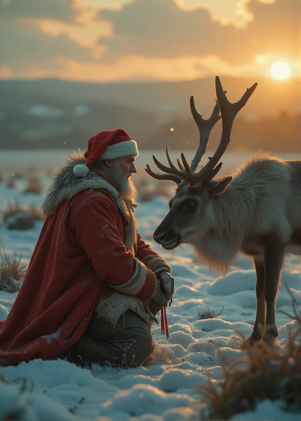 Santa Claus kneeling beside a reindeer in a frozen tundra,  a serene and majestic wildlife scene,  cinematic lighting with...