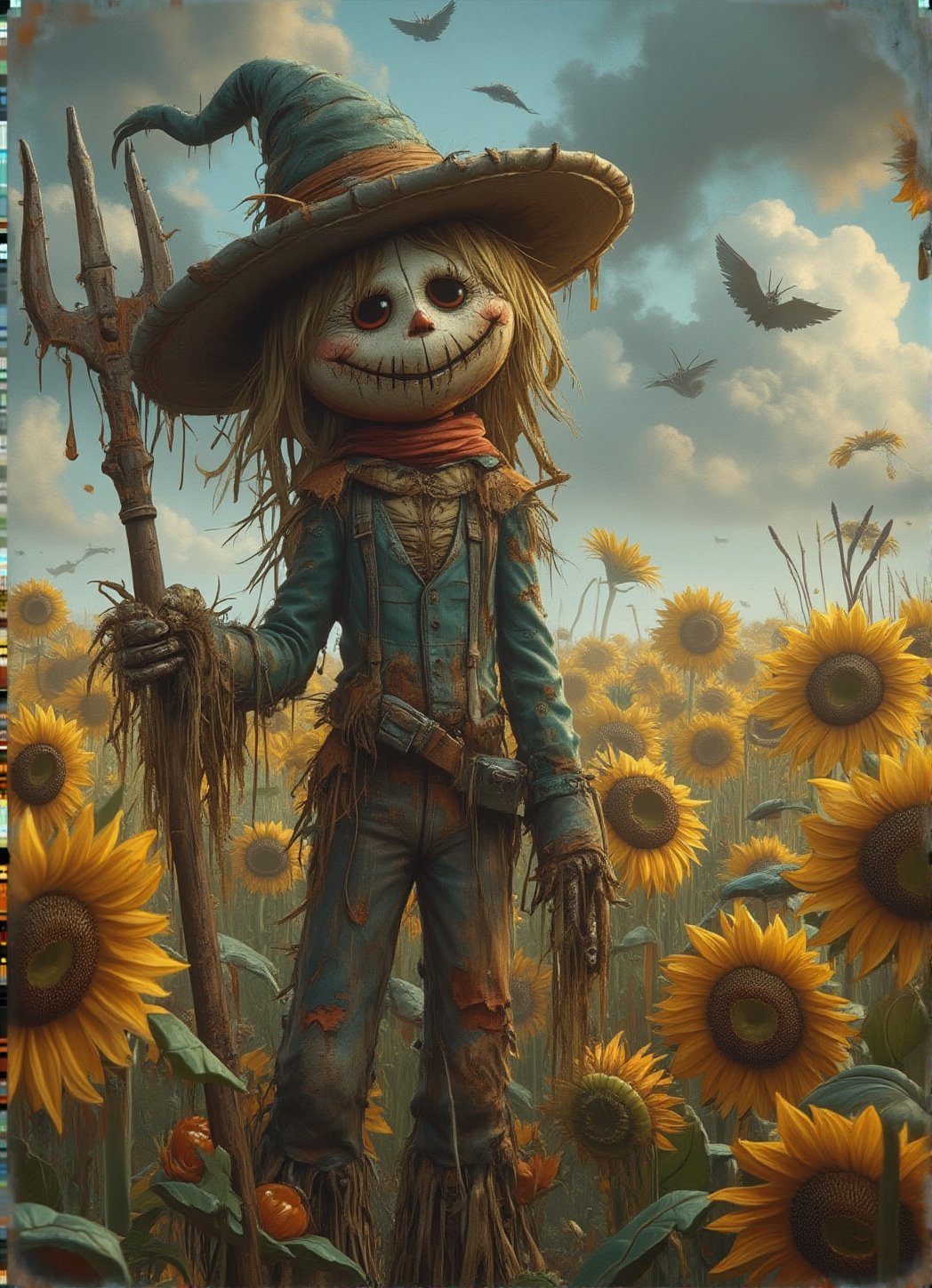 A vintage-inspired scarecrow standing proudly in a sunflower field, with a worn-out hat and a rusty pitchfork. DarkHalloween,justart01,cartoon art