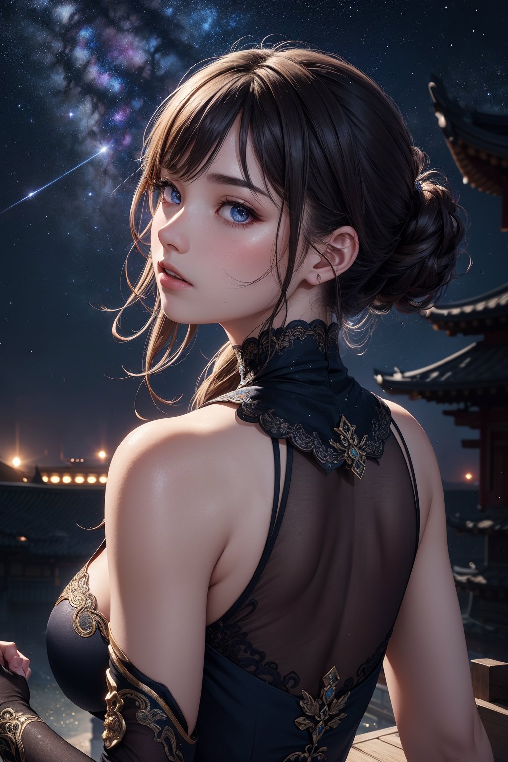 best quality ,masterpiece, illustration, an extremely delicate and beautiful, extremely detailed ,CG ,unity ,8k wallpaper, Amazing, finely detail, masterpiece, best quality, official art, extremely detailed CG unity 8k wallpaper, huge filesize , ultra-detailed, highres, extremely detailed, beautiful detailed girl, extremely detailed eyes and face, beautiful detailed eyes, light on face, 1girl, (18yo:1.2), glaring, serious, from behind, (galaxy:1.2), star \(sky\), (night sky:1.4), outdoors, (upper body:1.2), detailed sky, night, arms at sides, bule eyes, china dress, east asian architecture,  see-through,