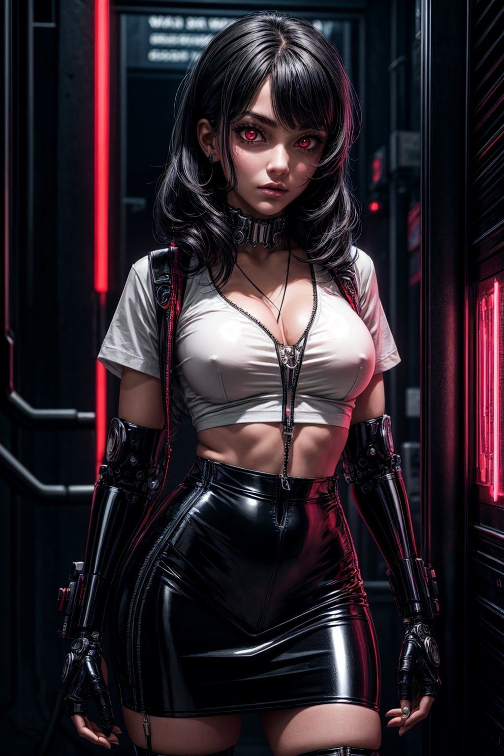 cyberpunk girl, cybernetic jaw, mechanical parts, white shirt, unbottoned, black latex skirt, metal skin, glowing red eyes, cables, wires, black hair, futuristic army base background