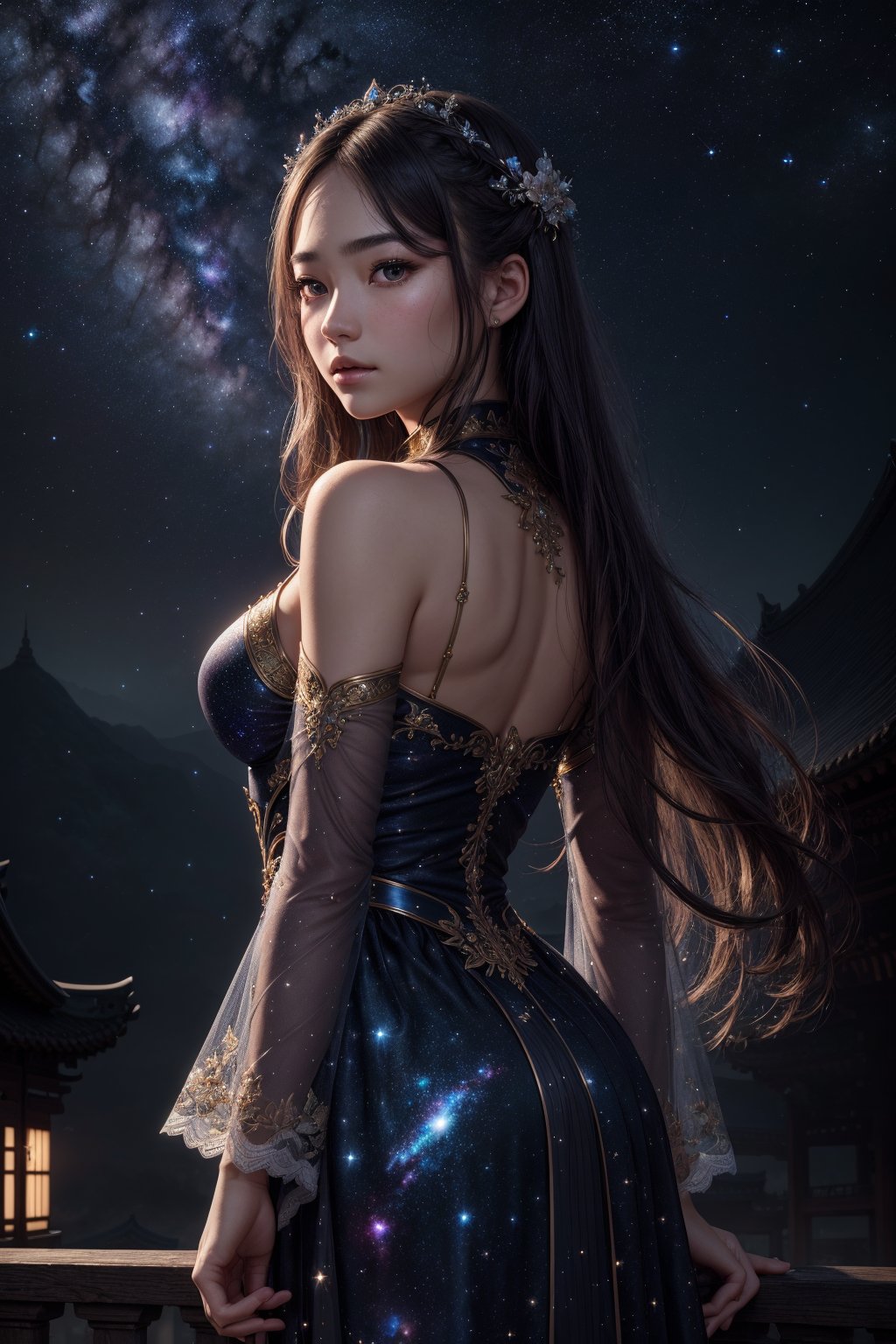 best quality ,masterpiece, illustration, an extremely delicate and beautiful, extremely detailed ,CG ,unity ,8k wallpaper, Amazing, finely detail, masterpiece, best quality, official art, extremely detailed CG unity 8k wallpaper, huge filesize , ultra-detailed, highres, extremely detailed, beautiful detailed girl, extremely detailed eyes and face, beautiful detailed eyes, light on face, 1girl, (18yo:1.2), glaring, serious, from behind, (galaxy:1.2), star \(sky\), (night sky:1.4), outdoors, (upper body:1.2), detailed sky, night, arms at sides, bule eyes, china dress, east asian architecture,  see-through,