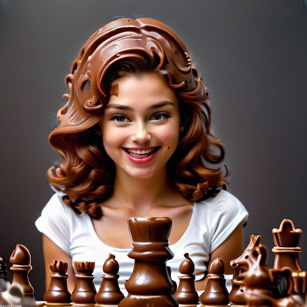 Create a high-quality, medium format photograph using AI that portrays a defiantly smiling Russian woman, approximately 32 years old. She has vibrant, long, curly red hair and is dressed in grey underwear (18% visible). In the image, she is seated in front of a flat black background, directly facing the camera. She is captured in the act of devouring chocolate chess pieces, holding the king piece in her hand as it approaches her mouth. The focus of the image is on her expressive face, showcasing her enjoyment of the moment. The AI-generated image should capture her personality and the playful contrast between the sophisticated chess pieces and her indulgence in the chocolate treats. Ensure impeccable attention to detail and realism. she has her face stained with black and white chocolate, some pieces are nibbled. Her hands are also stained and her clothes are splashed with chocolate.,Chocolate 