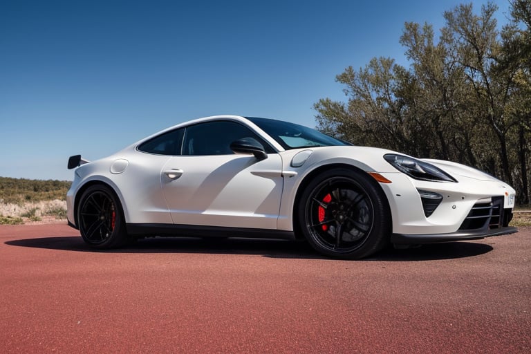 Full car shot. Masterpiece. A fantasy mystical Futuristic Porsche Taycan, gleaming in a deep light black and white pearl paint job, with large black rims and sport wheels, racing in front of a natural deserted Mexico. blur camera shot.(((((Red lakes tones))))),China EV,CNEV