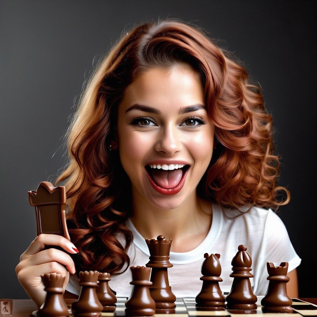 Create a high-quality, medium format photograph using AI that portrays a defiantly smiling Russian woman, approximately 32 years old. She has vibrant, long, curly red hair and is dressed in grey underwear (18% visible). In the image, she is seated in front of a flat black background, directly facing the camera. She is captured in the act of devouring chocolate chess pieces, holding the king piece in her hand as it approaches her mouth. The focus of the image is on her expressive face, showcasing her enjoyment of the moment. The AI-generated image should capture her personality and the playful contrast between the sophisticated chess pieces and her indulgence in the chocolate treats. Ensure impeccable attention to detail and realism. she has her face stained with black and white chocolate, some pieces are nibbled. Her hands are also stained and her clothes are splashed with chocolate.,Chocolate 