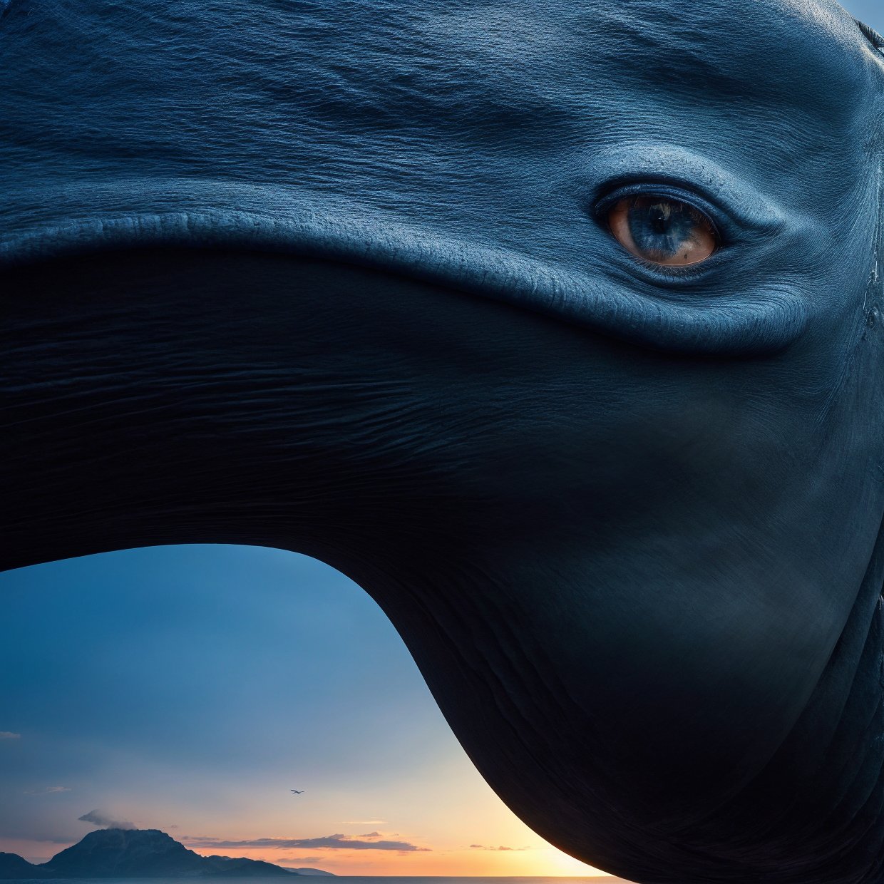 1 giant blue whale flying over a serene ocean landscape, cinematic dramatic lighting, detailed realistic texture, beautiful detailed eyes, beautiful detailed lips, extremely detailed face and features, long eyelashes, graceful posture, majestic and awe-inspiring, (best quality,4k,8k,highres,masterpiece:1.2),ultra-detailed,(realistic,photorealistic,photo-realistic:1.37),cinematic lighting,dramatic colors,dramatic atmosphere,epic scale,intricate details,seamless blend of realism and fantasy