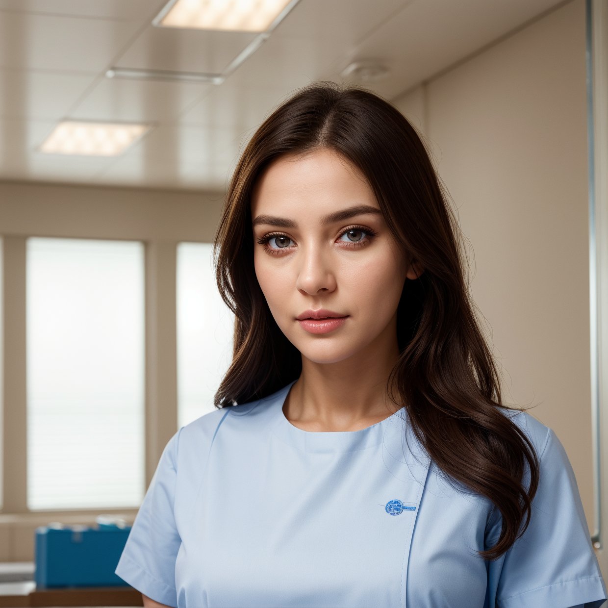 full body, A beautiful nurse, detailed portrait, beautiful detailed eyes, beautiful detailed lips, extremely detailed face, longeyelashes, nurse uniform, medical supplies, hospital setting, realistic, photorealistic, 8k, high quality, intricate details, vibrant colors, dramatic lighting, cinematic composition, digital art