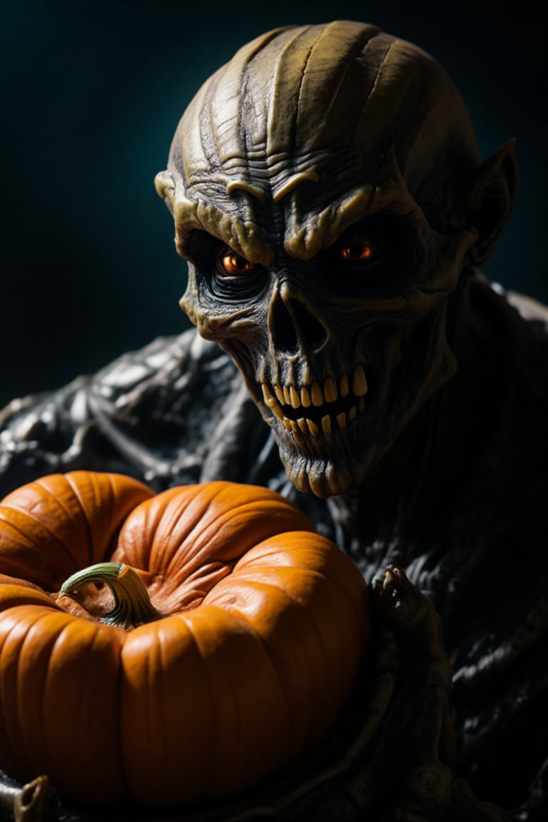 A close-up shot of a menacing monster's skull, its empty eye sockets seeming to stare directly into the camera. In one bony hand, it grasps a vibrant orange pumpkin, the ridges and crevices of the gourd emphasizing the macabre scene. Shallow depth of field isolates the skull and pumpkin, while the dark background allows the gruesome duo to take center stage.