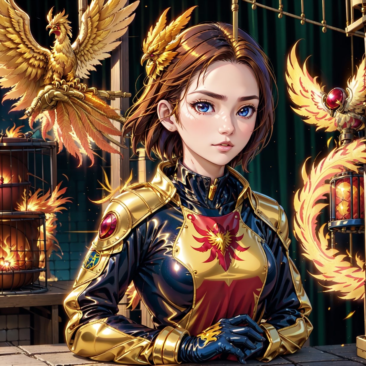 (upper body:1.3), 1girl,hoenix keeper, fireproof suit with a golden phoenix emblem, fire cage with obsidian bars, phoenix nest with shimmering golden feathers, talon gloves for handling the phoenix, fire ruby for feeding the phoenix,