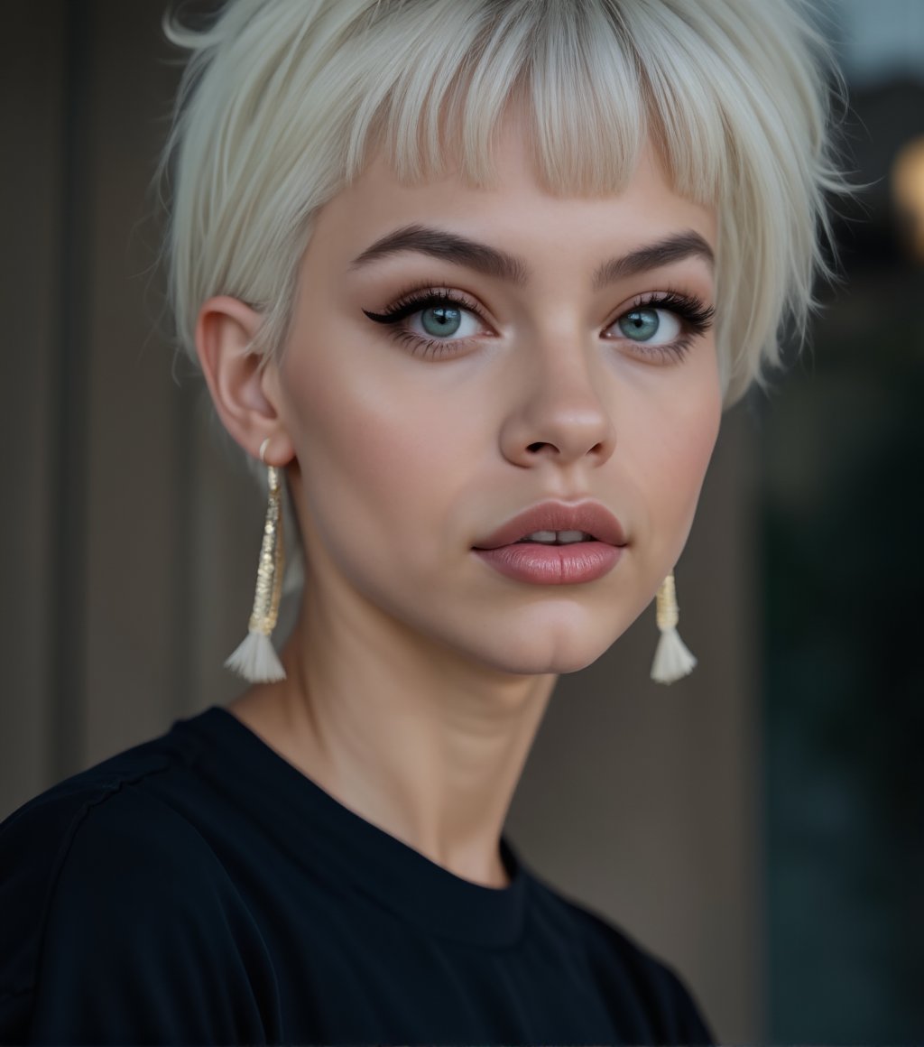 ((top quality)), ((masterpiece)), close portrait view of a young gothic girl with a  hairstyle of punky, ((front view,)) With a black T-shirt, black shaded eyes, Very light blue eyes, very short blonde hair, intricate details, highly detailed eyes, highly detailed mouth, cinematic image, illuminated by soft light,photo of perfecteyes eyes