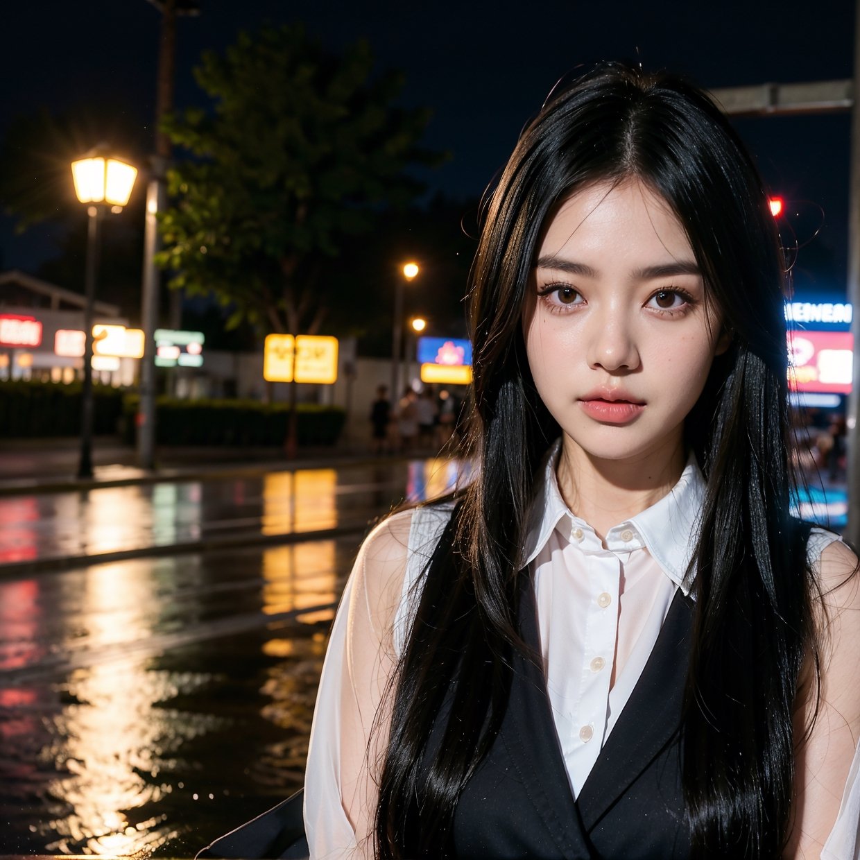 1girl, long black hair, uniform, shy, blush, wet, rain, transparent, (masterpiece, best quality), soft light, cinematic composition, cinematic light,girl