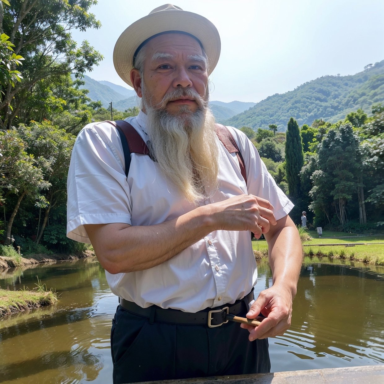 (old man,white beard,working,rice field,China,traditional,farming,harvesting,sunlight,peaceful,scenic beauty,humble,hardworking)