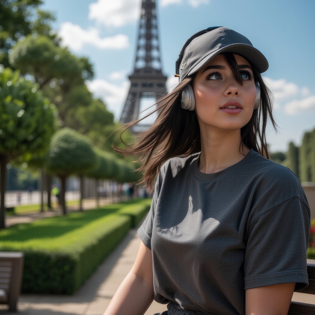 Master piece, generate image of a Girl with headphones, cap, dreamy expression, sitting a bench in the gardens of the Eiffel tower, training wear, t-shirt and sport shorts, (ultra detailed perfect piece:1.2), illustration, masterpiece, (extremely detailed CG 8k), (very fine 8K CG), (1girl:1.2), (dark hair), long hair, wavy hair, hair over one eye, sparkling, light blue eyes, looking at side,