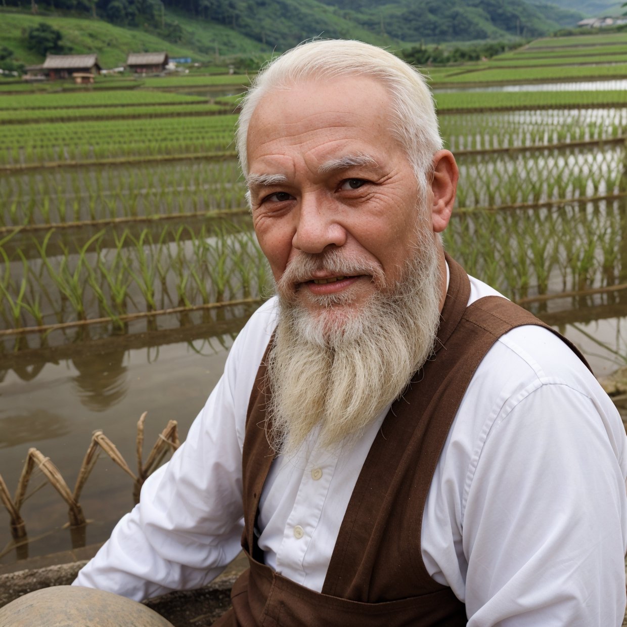 (old man,white beard,working,rice field,China,traditional,farming,harvesting,sunlight,peaceful,scenic beauty,humble,hardworking)