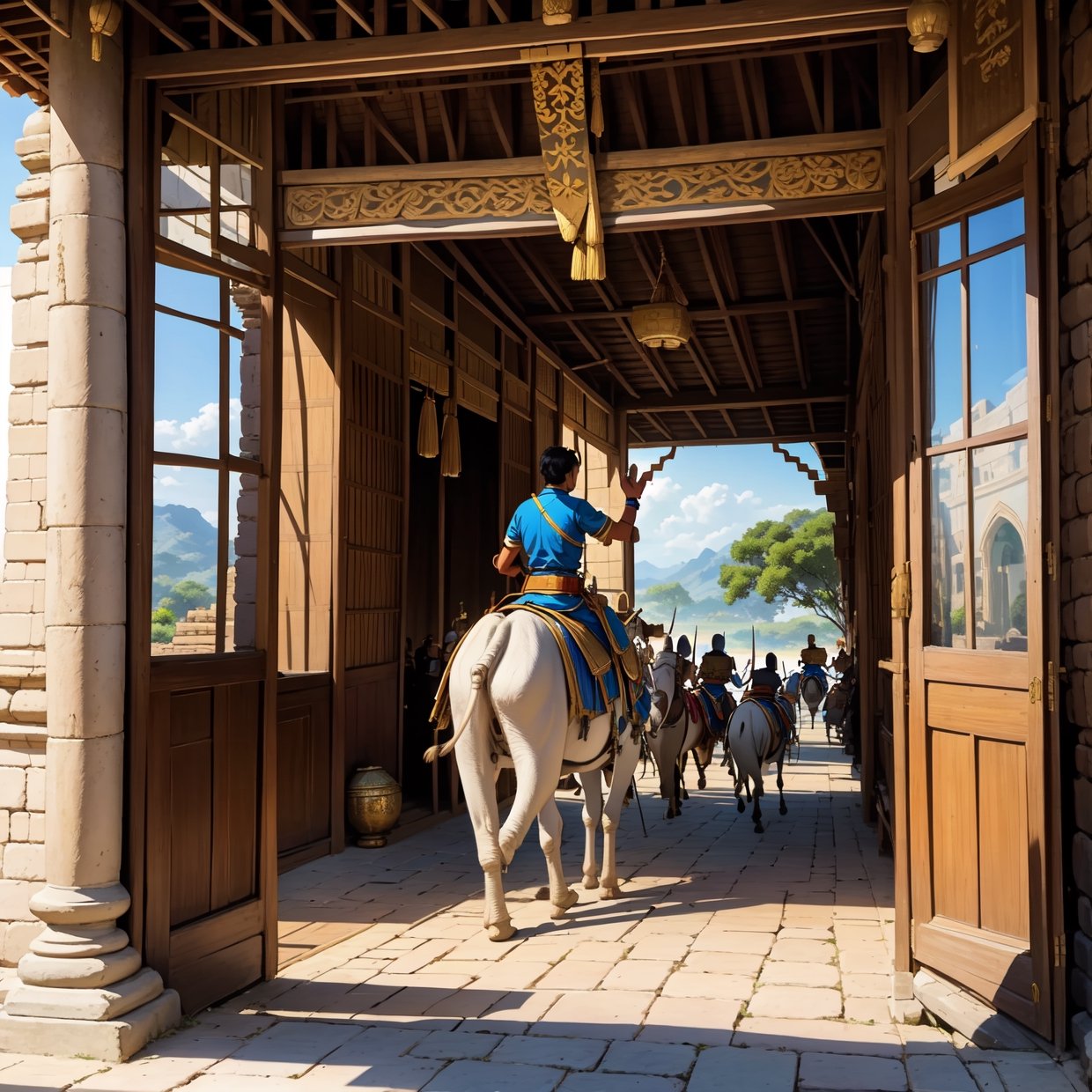 Draw a photo of ancient bagan, Hight quality, people are walking around by riding white elephant(detail), The king wandered around the palace(detail),the swordman troops, Cavalry troops,