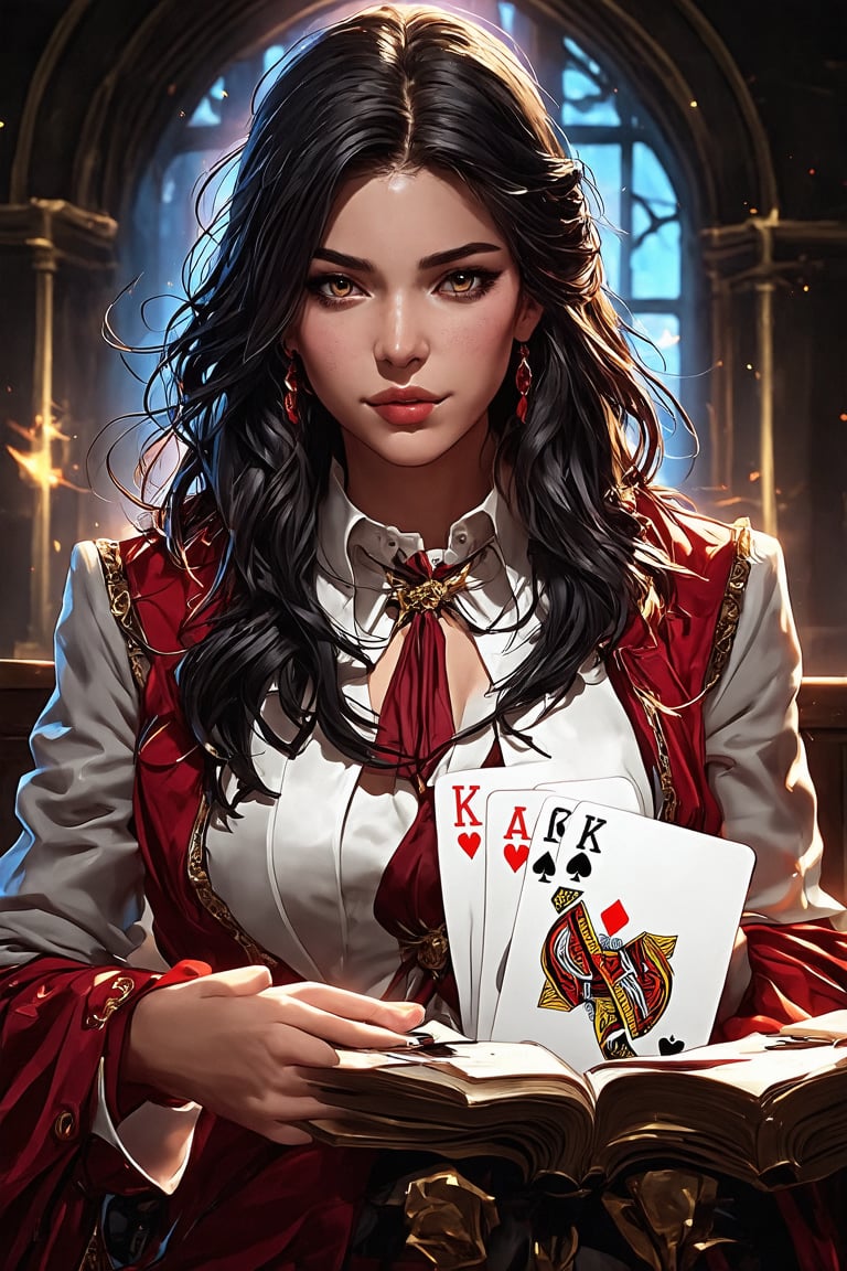 a detailed fantasy card game, 1 player, detailed deck of cards, detailed player character, detailed fantasy background, highly detailed fantasy environment, cinematic lighting, dramatic atmosphere, vibrant colors, dynamic composition, digital art, concept art style, photorealistic, (best quality,4k,8k,highres,masterpiece:1.2),ultra-detailed,(realistic,photorealistic,photo-realistic:1.37),sd3,girl