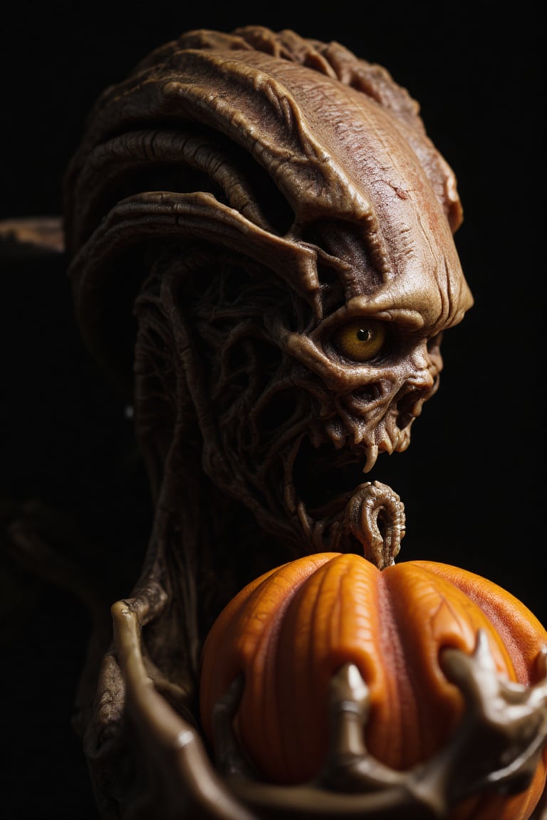 A close-up shot of a menacing monster's skull, its empty eye sockets seeming to stare directly into the camera. In one bony hand, it grasps a vibrant orange pumpkin, the ridges and crevices of the gourd emphasizing the macabre scene. Shallow depth of field isolates the skull and pumpkin, while the dark background allows the gruesome duo to take center stage.