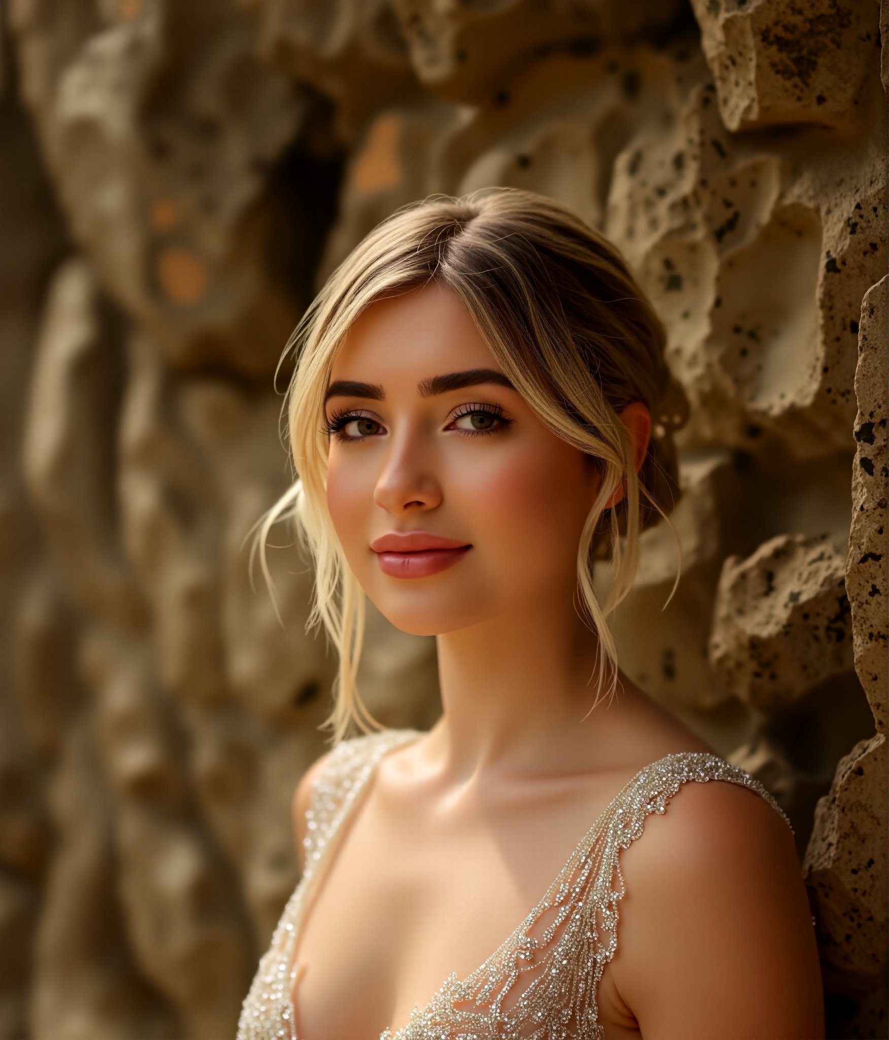 Vintage elegance unfolds in a warm, sepia-toned glow. A bride stands poised before a rugged stone wall, her porcelain complexion illuminated by soft, diffused light. Her 1920s-inspired coiffure is elegantly pinned, framing her upturned face with a subtle smile. A beaded dress sparkles like diamonds against the weathered backdrop, its intricate details captured in exquisite close-up. The camera's lens captures every textured fold of the stone wall and the bride's delicate features, as if suspended in a timeless moment.