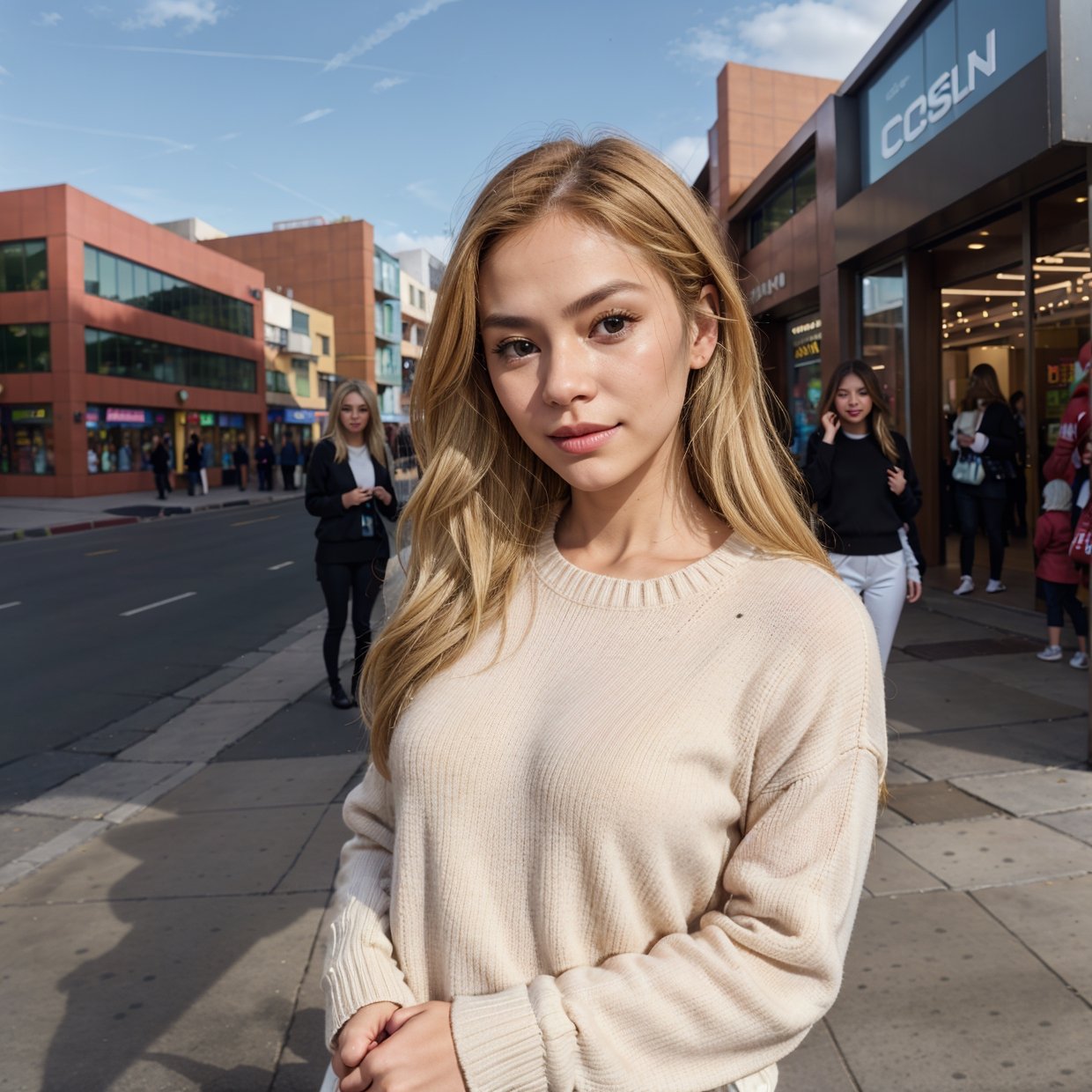 Portrait of a model woman with blond hair in a warm designer sweater, in the style of branded clothing, With the sweater in full view, Panasonic GH5, happy expressions, low key image, sharp texture - Image #2 @SlengSleng, CITY BACKGROUND,Masterpiece